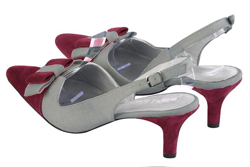 Burgundy red and dove grey women's open back shoes, with a knot. Tapered toe. Medium slim heel. Rear view - Florence KOOIJMAN